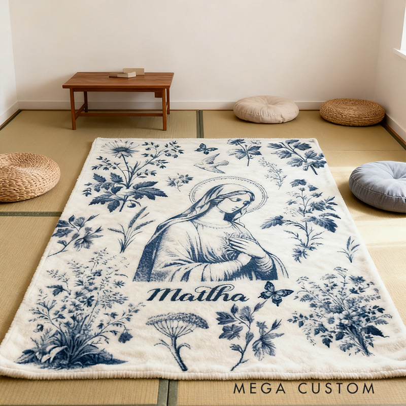 Personalized Catholic Virgin Mary Toile Soft Throw Blanket with Name Home Decor Our Lady Vintage Floral Catholic Marian Blanket Christian Gift for Her