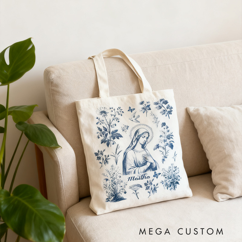 Personalized Catholic Virgin Mary Toile Canvas Tote Bag with Name Daily Use Our Lady Bag Vintage Floral Marian Catholic Tote Christian Gift for Women