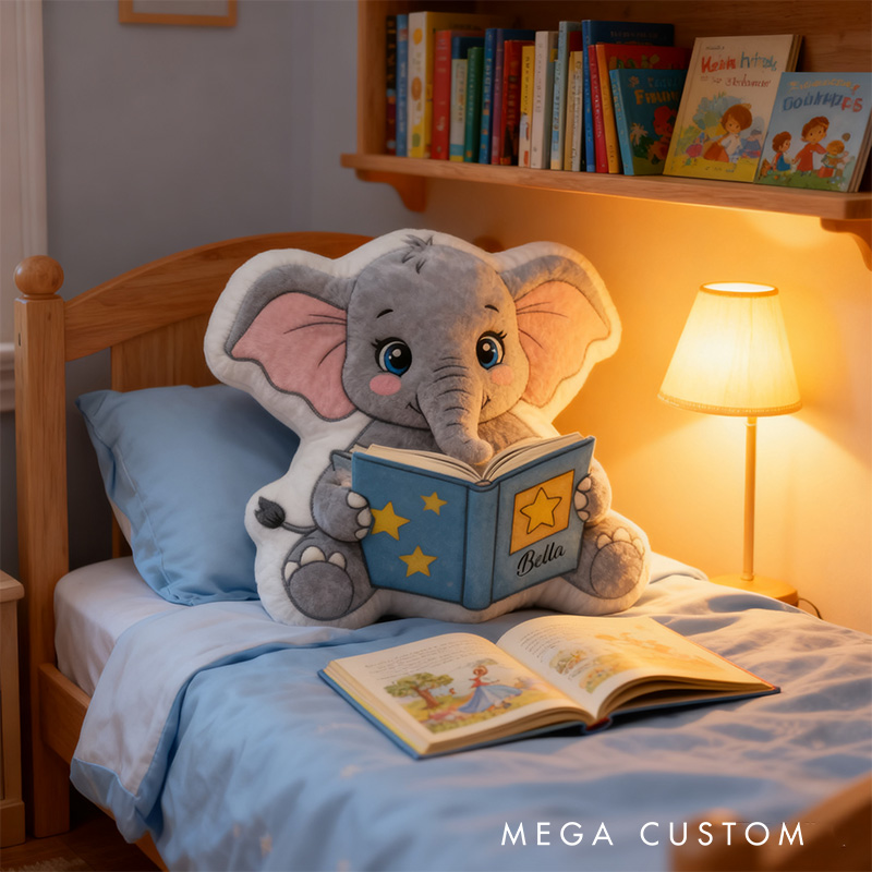 Personalized Reading Elephant Throw Pillow Graphic 3D Print Animal Pillow with Name for Kids Boys Girls Book Lover Gifts Birthday Gift