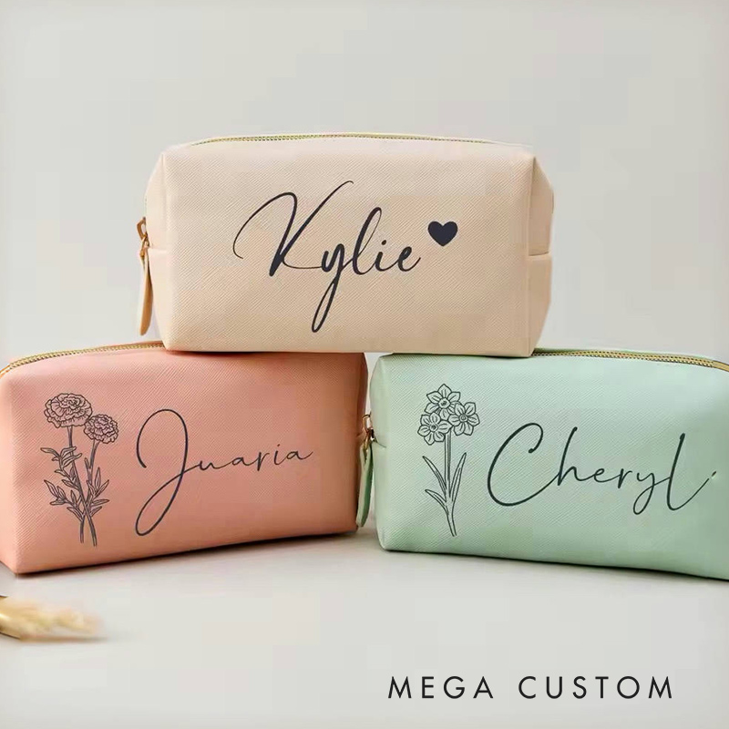 Personalized Leather Makeup Bag Custom Monogrammed Cosmetic Bag for Travel Lovers