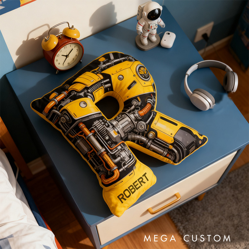 Personalized Yellow Machine Alphabet Shaped Pillow for Movie Lovers Initial Pillow Christmas Gift for Boys Kids