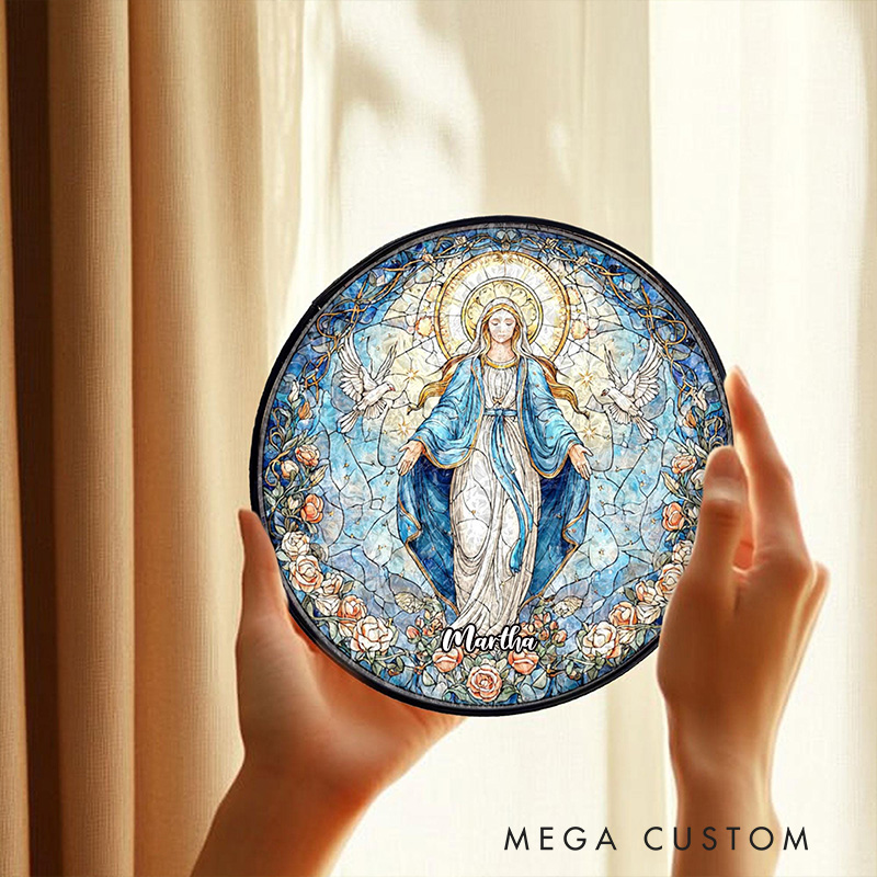 Personalized Virgin Mary Stained Glass Suncatcher Ornament with Name Our Lady of Grace Round Window Hanging Blue Rose Halo Home Decor Catholic Gift
