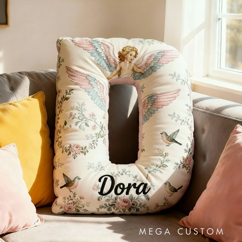 Personalized Letter Pillow Graphic 3D Print Angle Wings Custom Name Design Pillow for Family Gift