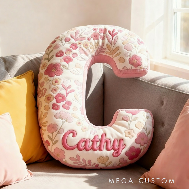 Personalized Pink Flower Letter Pillow Graphic 3D Print Pillow Custom Name Pillow for Kids Gardening Lovers Gift