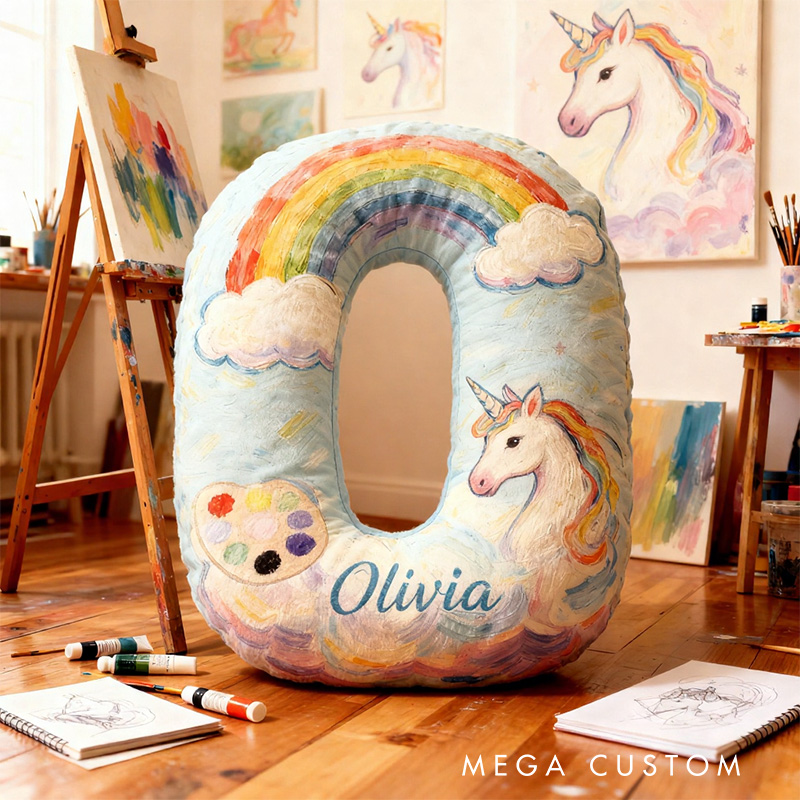 Personalized Graphic 3D Print Oil Painting Style Rainbow Alphabet Shaped Pillow for Art Lovers Initial Pillow Christmas Gift for Kids