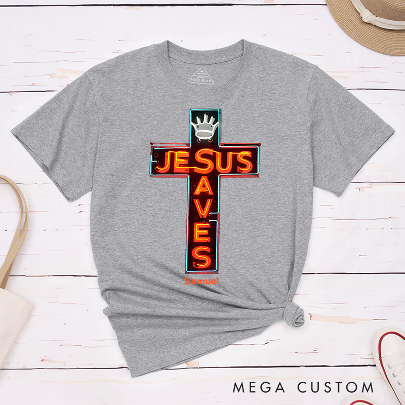 Personalized Jesus Saves Classic Cotton T-Shirt with Name Modern Neon Lights Style Cross Shirt Religious Gift for Christians