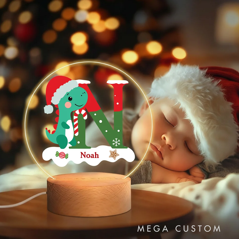 Personalized Santa Hat Dinosaur Initial LED Night Light with Name and Wooden Base Home Decor Christmas Gift for Kids