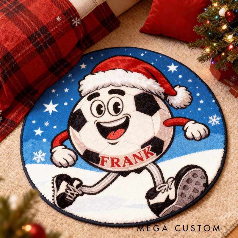 Personalized Christmas Soccer Rug with Custom Name and Festive Design