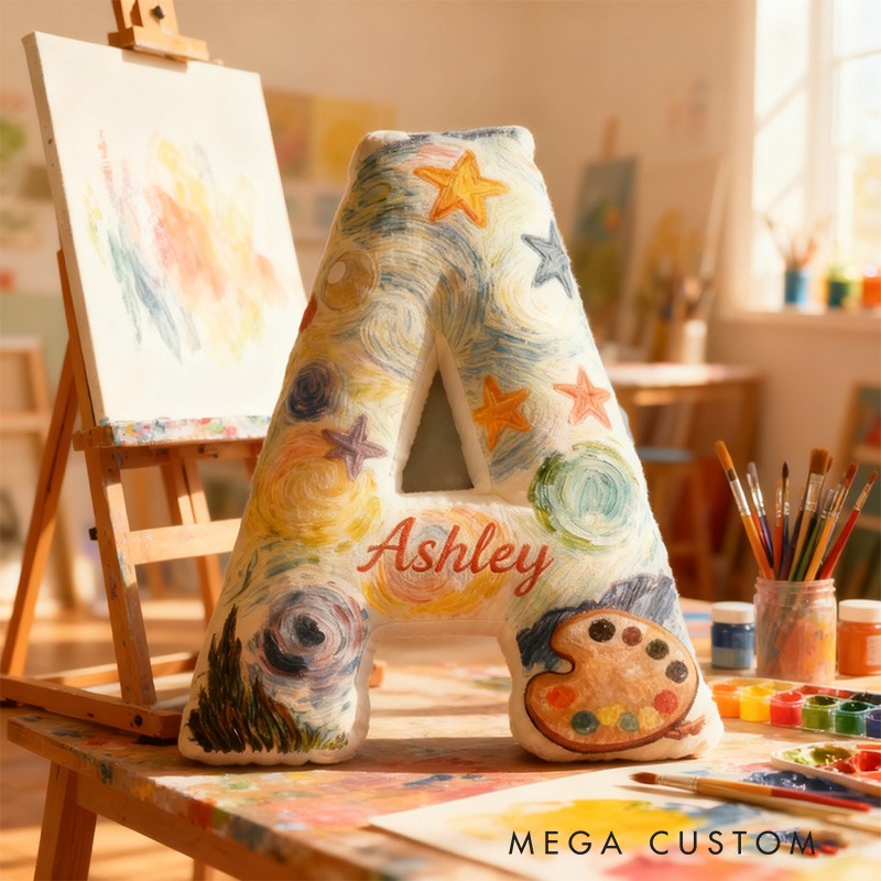 Personalized Graphic 3D Print Van Gogh Inspired Moonlight Night Alphabet Shaped Pillow for Art Lovers Initial Pillow Christmas Gift for Kids
