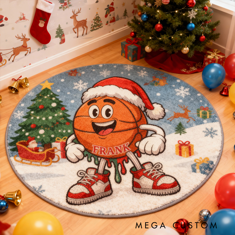 Personalized Christmas Basketball Rug with Custom Name and Festive Design