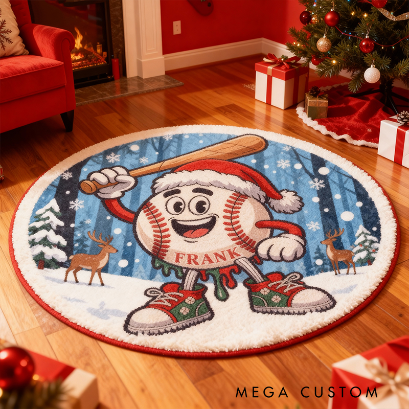Personalized Christmas Baseball Rug with Custom Name and Festive Design