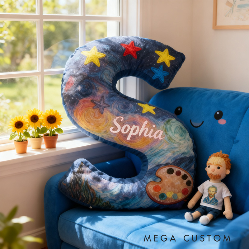 Personalized Graphic 3D Print Van Gogh Inspired Starry Night Alphabet Shaped Pillow for Art Lovers Initial Pillow Christmas Gift for Kids