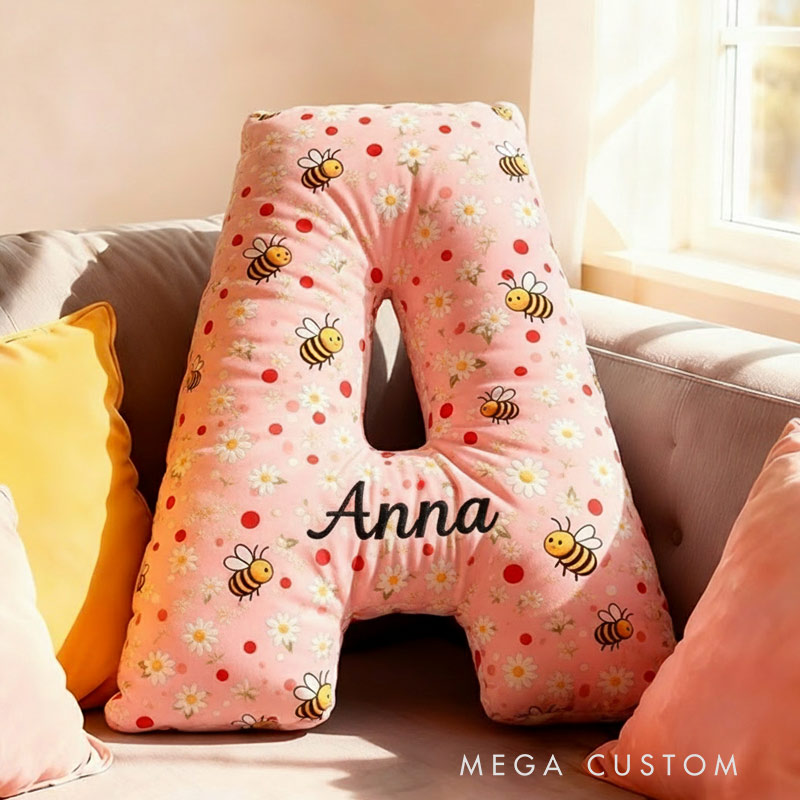 Personalized Letter Pillow with Name Graphic 3D Print Floral Bee Custom Double Sided Pillow Gift for Kids Gardening Lovers Gift