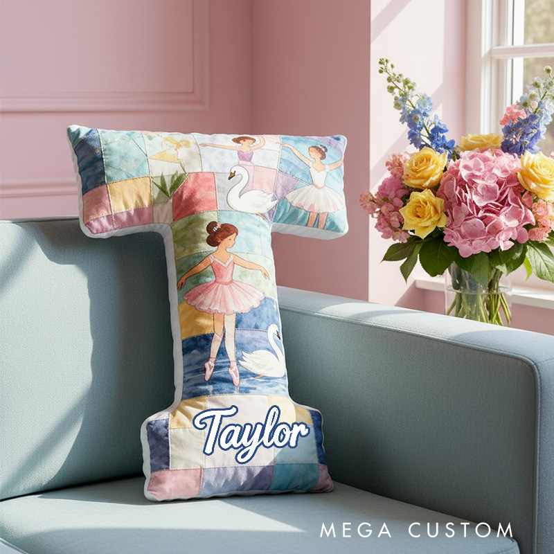 Personalized Graphic 3D Fantacy Swan Ballet Alphabet Shaped Pillow for Dance Lovers Initial Pillow Christmas Gift for Kids