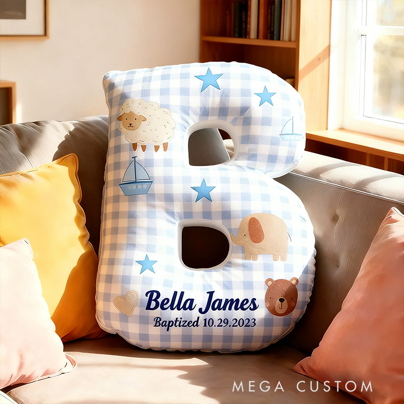 Personalized Woodland Animals Baptism Letter Pillow with Custom Name Kid Room Decor Christian Gift Baby Boy Gift Baptism Gift Graphic 3D Print Pillow