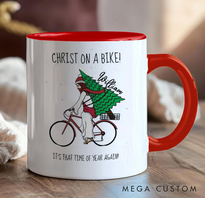 Personalized Christ on A Bike Coffee Mug Funny Bicycle Gift Lover Christmas Bicycles Mug Cyclist Gift Mountain Biker Gift Cycling Bike Gift Bicyclist Mug Colour Options Available