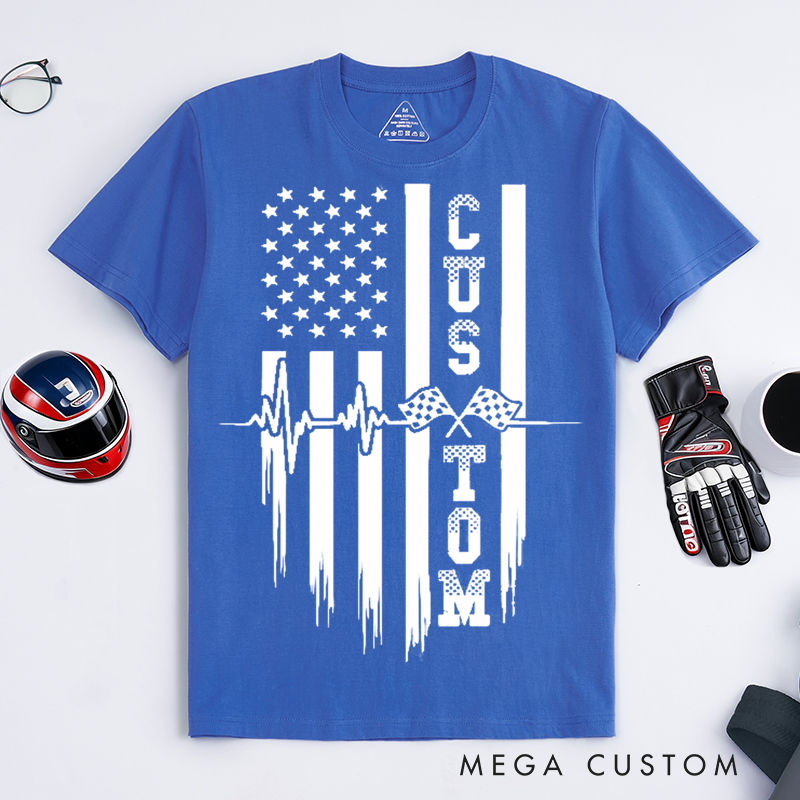 Personalized Racing T Shirt Custom Text Heartbeat Checkered Flag American Flag Tee for Racing and Car Lovers