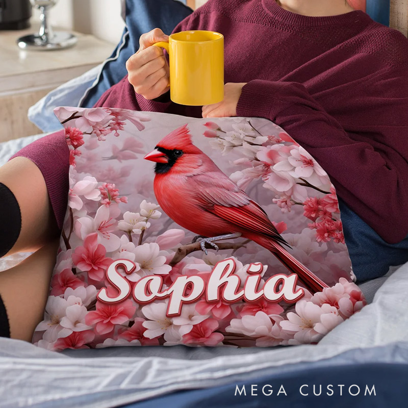 Personalized Cardinal Floral Pattern Throw Pillow Cover Graphic 3D Print with Name Memory Christmas Gift for Family Custom Double Sided Pillow