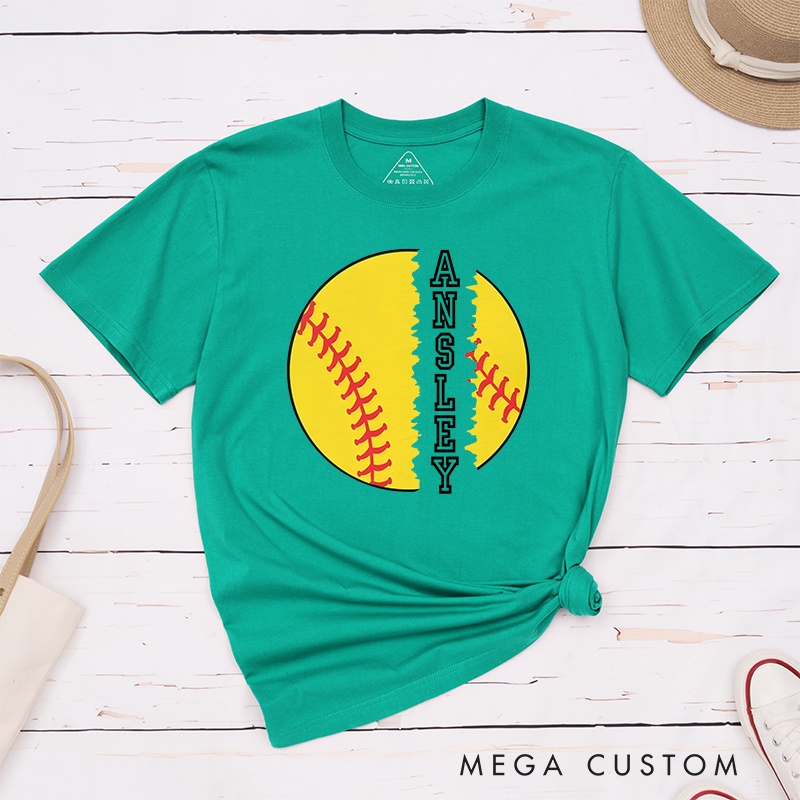 Personalized Softball T-Shirt Design Featuring Torn Softball Graphic and Customizable Vertical Name Text for a Bold and Unique Look