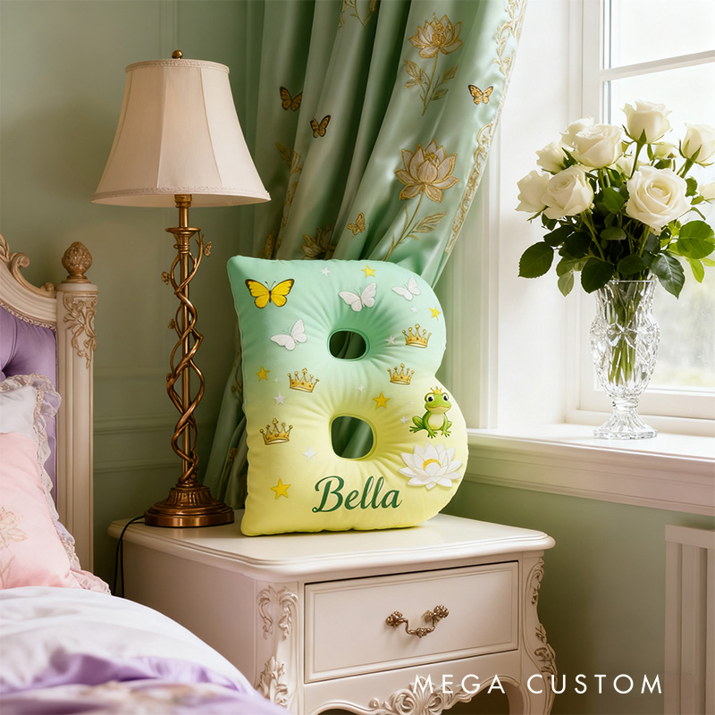 Personalized Graphic 3D Print Cartoon Frog And Love Tale Alphabet Shaped Pillow for Cartoon Lovers Initial Pillow Christmas Gift for Kids