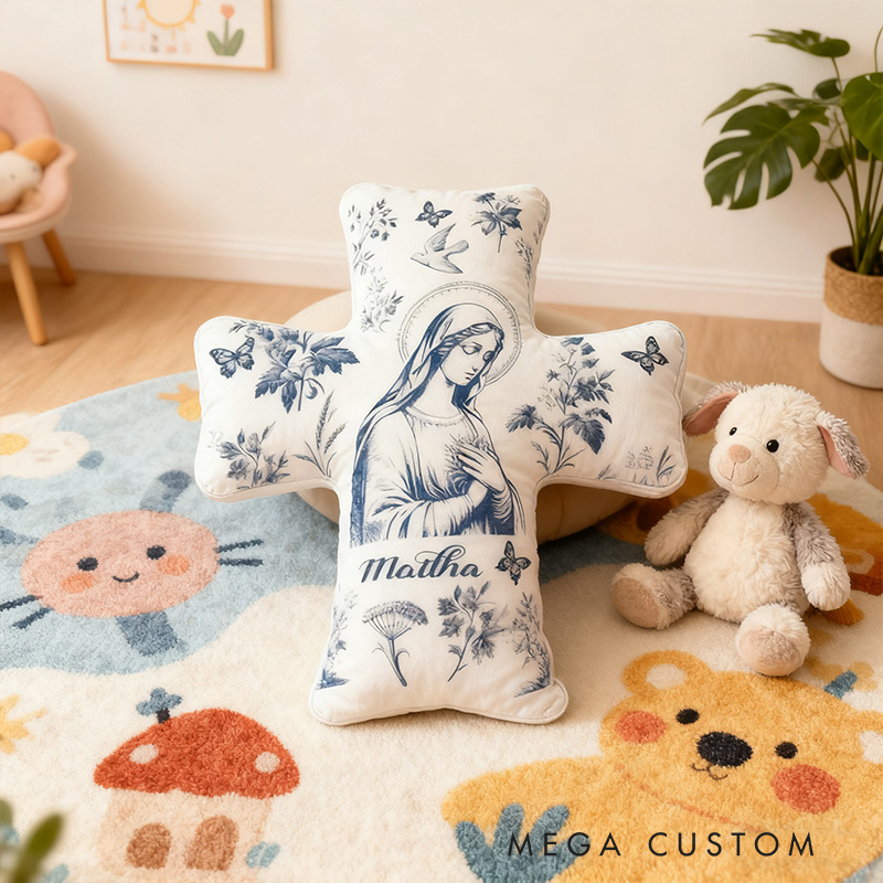 Personalized Catholic Virgin Mary Toile Cross Pillow with Custom Name Home Decor Our Lady Pillow Vintage Floral Marian Pillow Christian Gift for Women