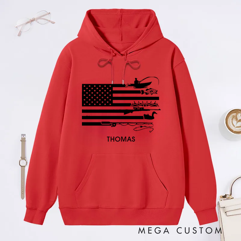 Personalized Fishing Hoodie American Flag Hunting and Fishing Sweatshirt Custom Name  Ideal for Anglers and Outdoor Enthusiasts