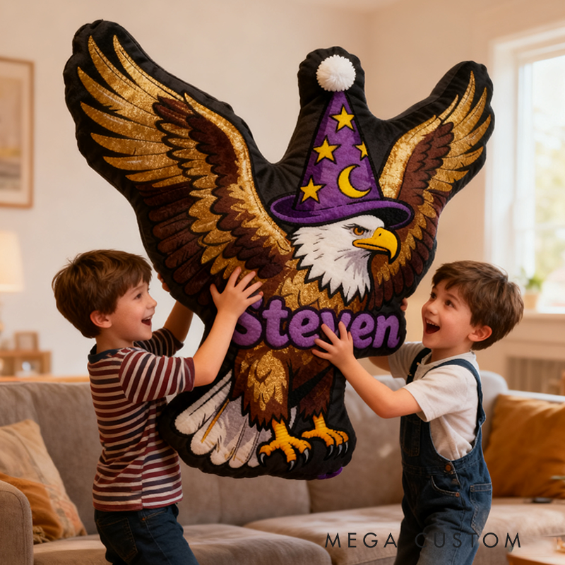 Personalized Eagle Shaped Pillow with Golden Wings Wizard Hat Moon Stars and Magical Design Graphic 3D Print Pillow