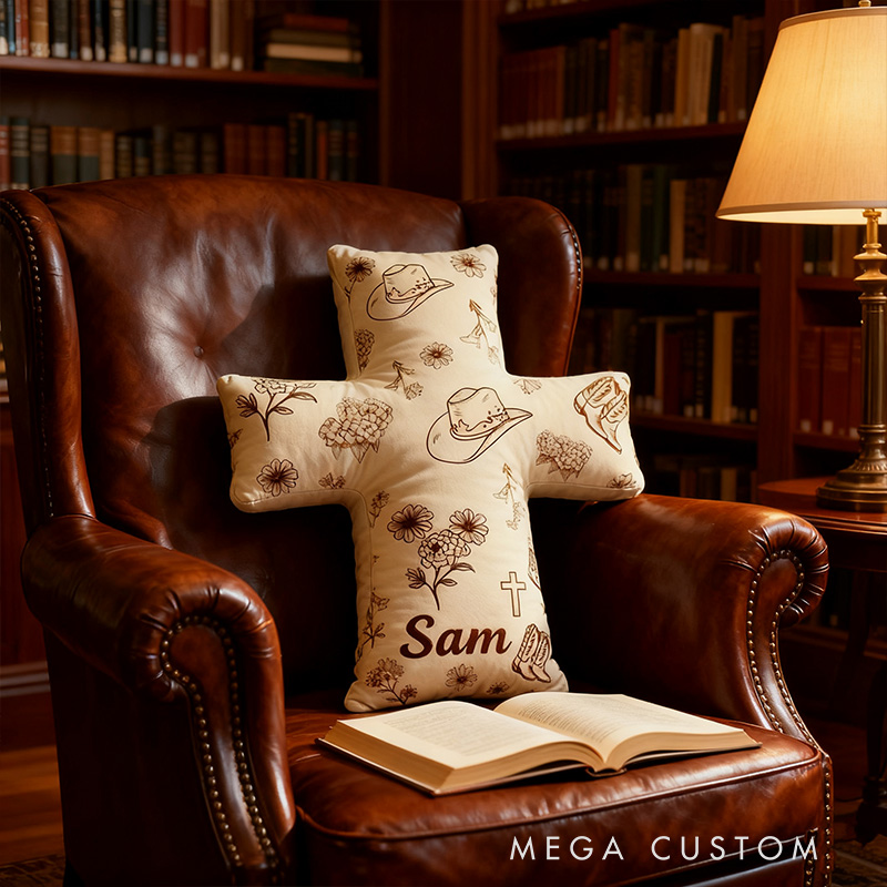 Personalized Rustic Cross Pillow with Custom Name Home Decor Vintage Cowboy Hat Boot Flower Pillow Religious Christian Gift