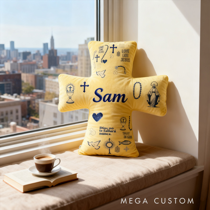 Personalized God will Never Fail You Cross Pillow with Custom Name Home Decor Virgin Mary Cross Chalic Dove and Fish Pillow Religious Gift for Her