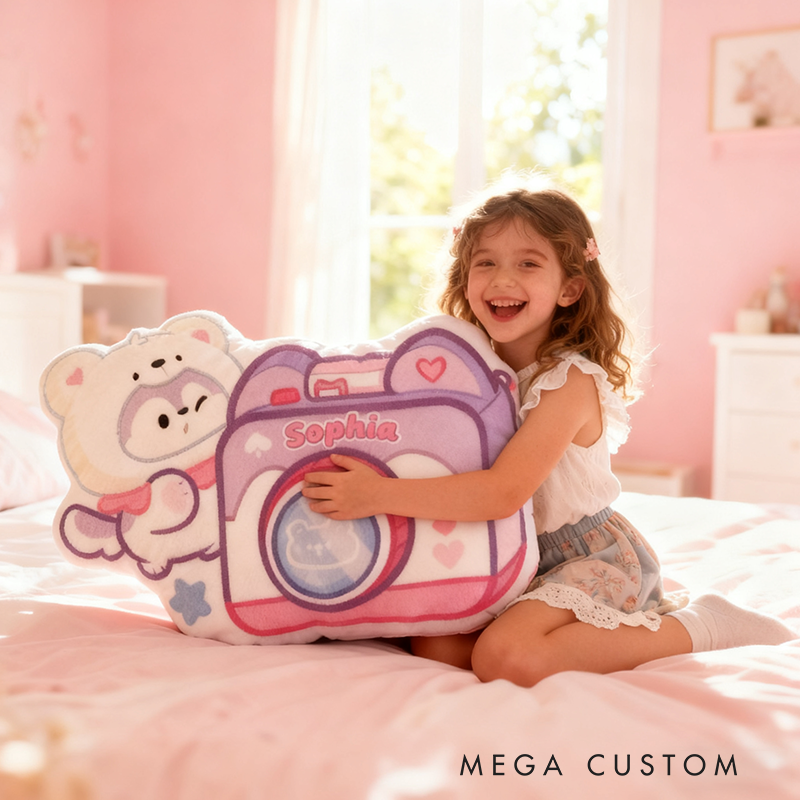 Personalized Cute Camera Shaped Pillow with Cute Bear Heart Details Pastel Colors Graphic 3D Print Pillow