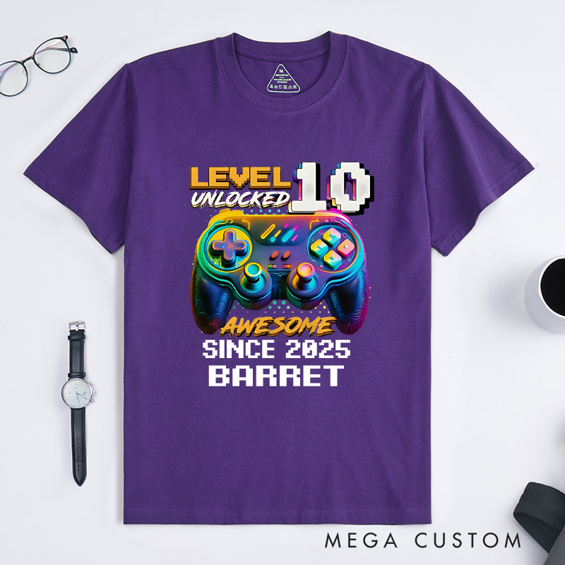 Personalized Level 10 Unlocked Shirt Funny Video Game Gamer T-Shirt for Teenager Boys and Girls Gift for Game Geek