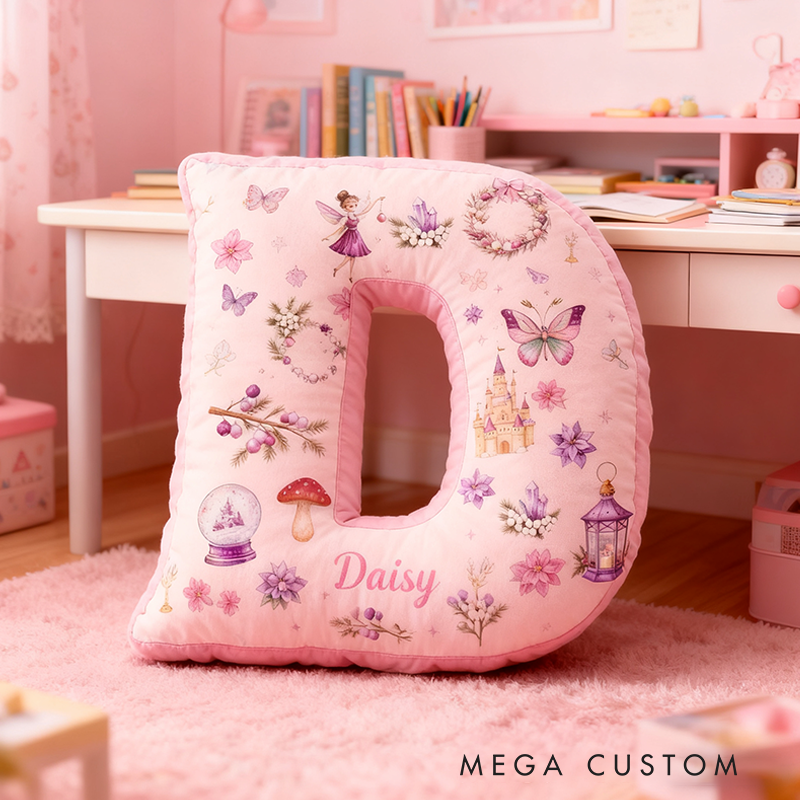 Personalized 26 Letters Pillow with Castles Butterflies Flowers Snow Globes Lanterns and Whimsical Pastel Fairy Tale Design Graphic 3D Print Pillow