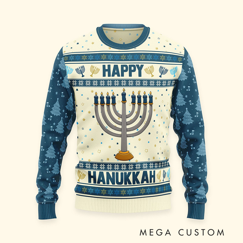 Personalized Happy Hannukah Ugly Sweater Menorah Dreidel Star of David Ugly Sweater Religious Gift Happy Hannukah Gift
