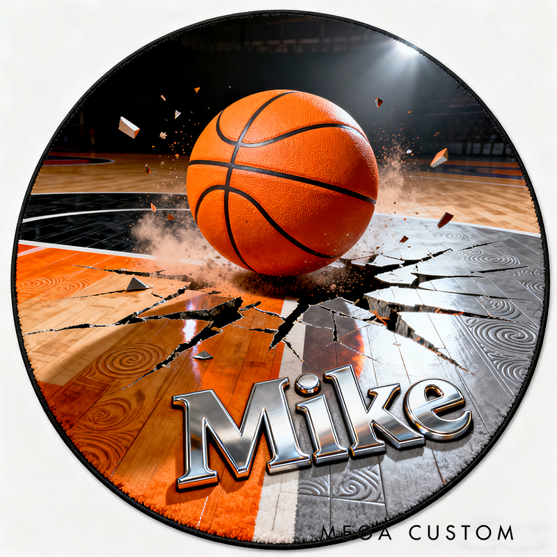 Personalized Basketball Rug with Cracked Court Design Dynamic 3D Effects and Custom Name