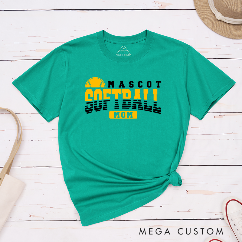 Personalized Softball Mom T-Shirt Design Featuring Custom Team Name Bold Gradient Typography Central Softball Graphic and Highlighted "Mom" Element