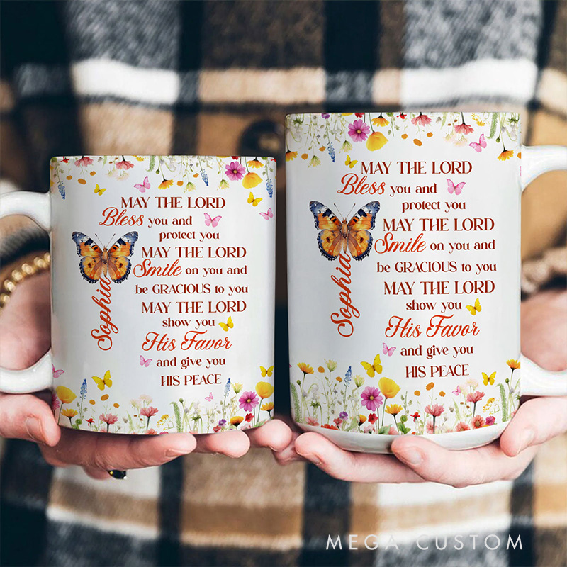 Personalized May The Lord Bless You 11oz 15oz Ceramic Mug with Birth Butterfly and Name Floral Butterfly Coffee Mug Religious Christian Gift for Her
