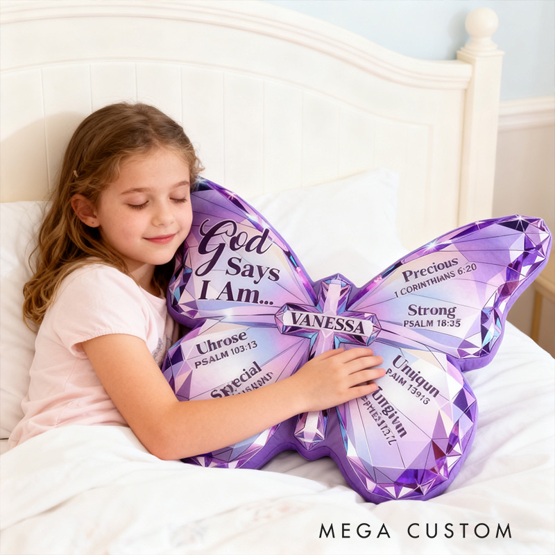 Personalized Butterfly of Grace God Says I am Pillow with Custom Name Kid Room Decor Purple Butterfly Pillow Religious Gift for Kid Affirmation Gift