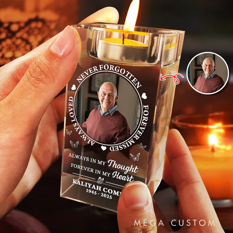 Personalized Memorial Crystal Candle Holder with Photo Always in My Thought Memorial Gift  In Loving Memory Gift