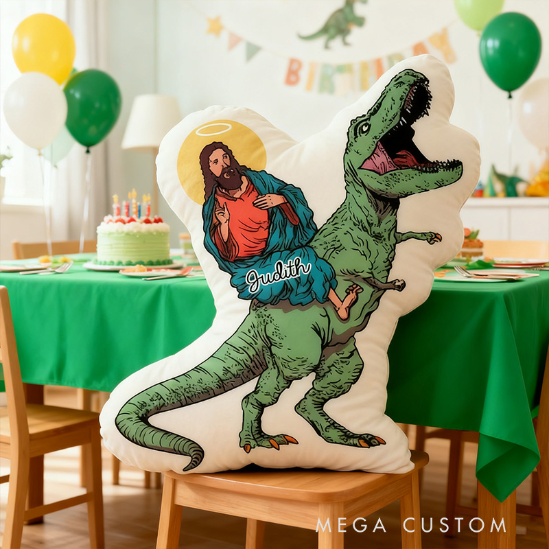 Personalized Funny Jesus Riding T-Rex Dinosaur Pillow with Custom Name Kid Room Decor Sarcastic Religious Gift for Kids Graphic 3D Print Pillow