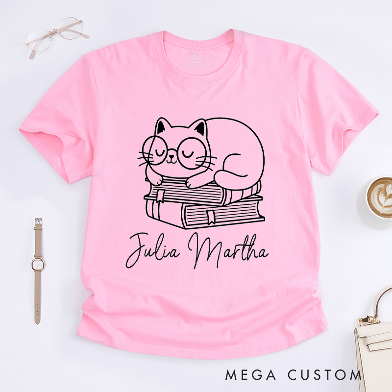 Personalized Books and Cat Classic T-Shirts Funny Cat Tee Funny Reading Shirt Cat Shirt Book Shirt Customized Name Shirt Gift for Books Lover