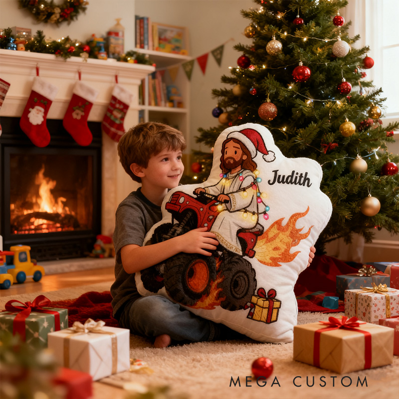 Personalized Funny Jesus Riding Truck Christmas Pillow with Custom Name Kid Room Decor Sarcastic Religious Gift for Kids Graphic 3D Print Pillow