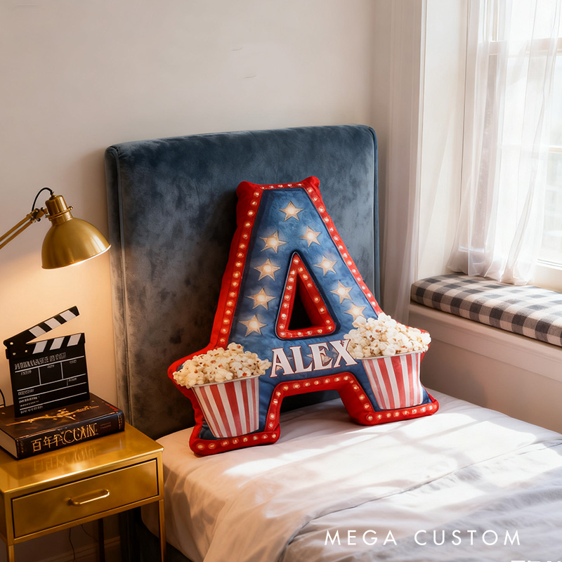 Personalized Graphic 3D Print Popcorn And Movie Alphabet Shaped Pillow for Movie Lovers Initial Pillow Christmas Gift for Kids
