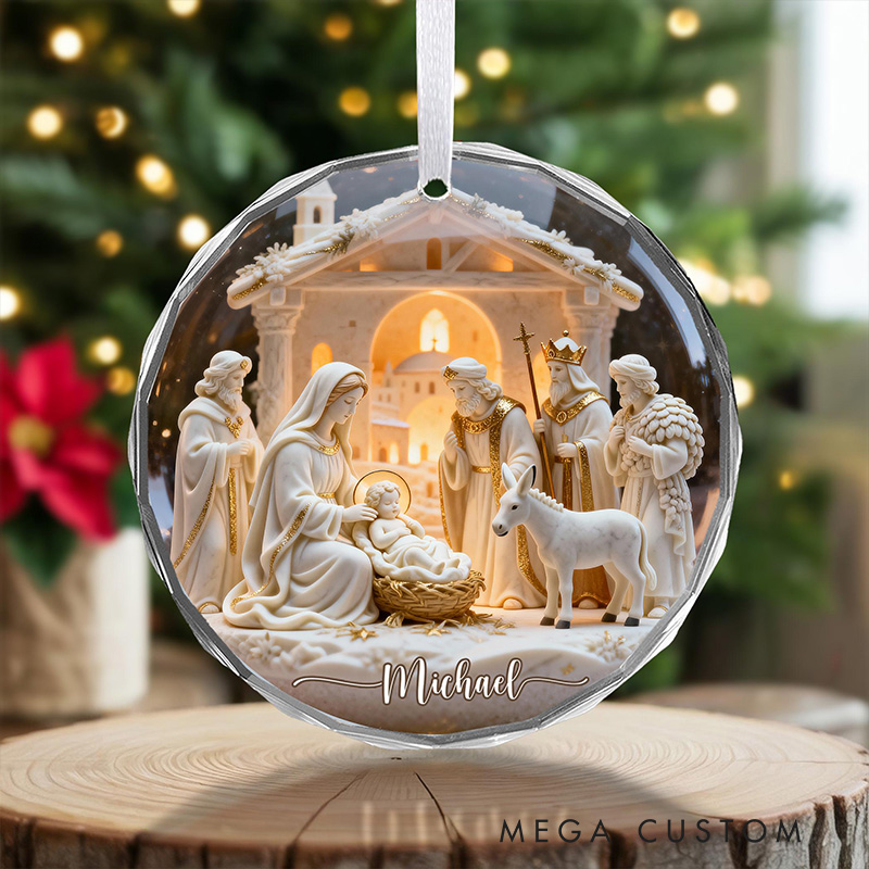 Personalized Nativitys Scene Christmas Round Shaped Glass Ornament with Name Tree Decor Regilious Decor Gift Christmas Gift for Christian Xmas Gift
