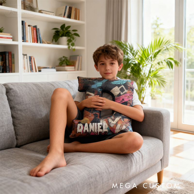 Personalized Graphic 3D Print Graffiti Art Brick Alphabet Shaped Pillow for Art Lovers Initial Pillow Christmas Gift for Kids