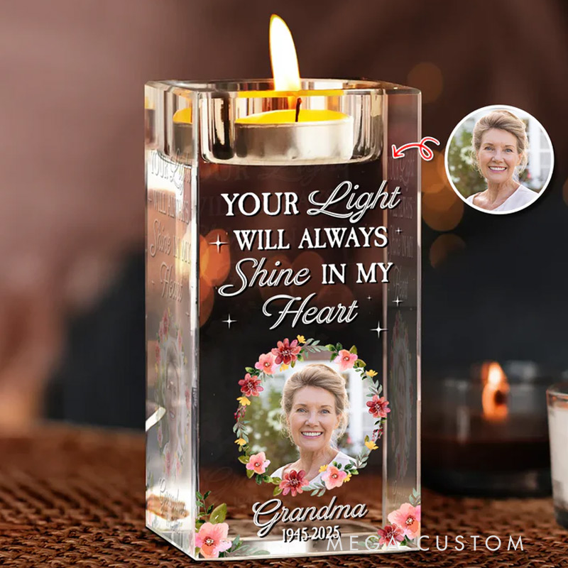 Personalized Memorial Photo Crystal Candle Holder Your Light Will Always Shine In Loving Memory Gift