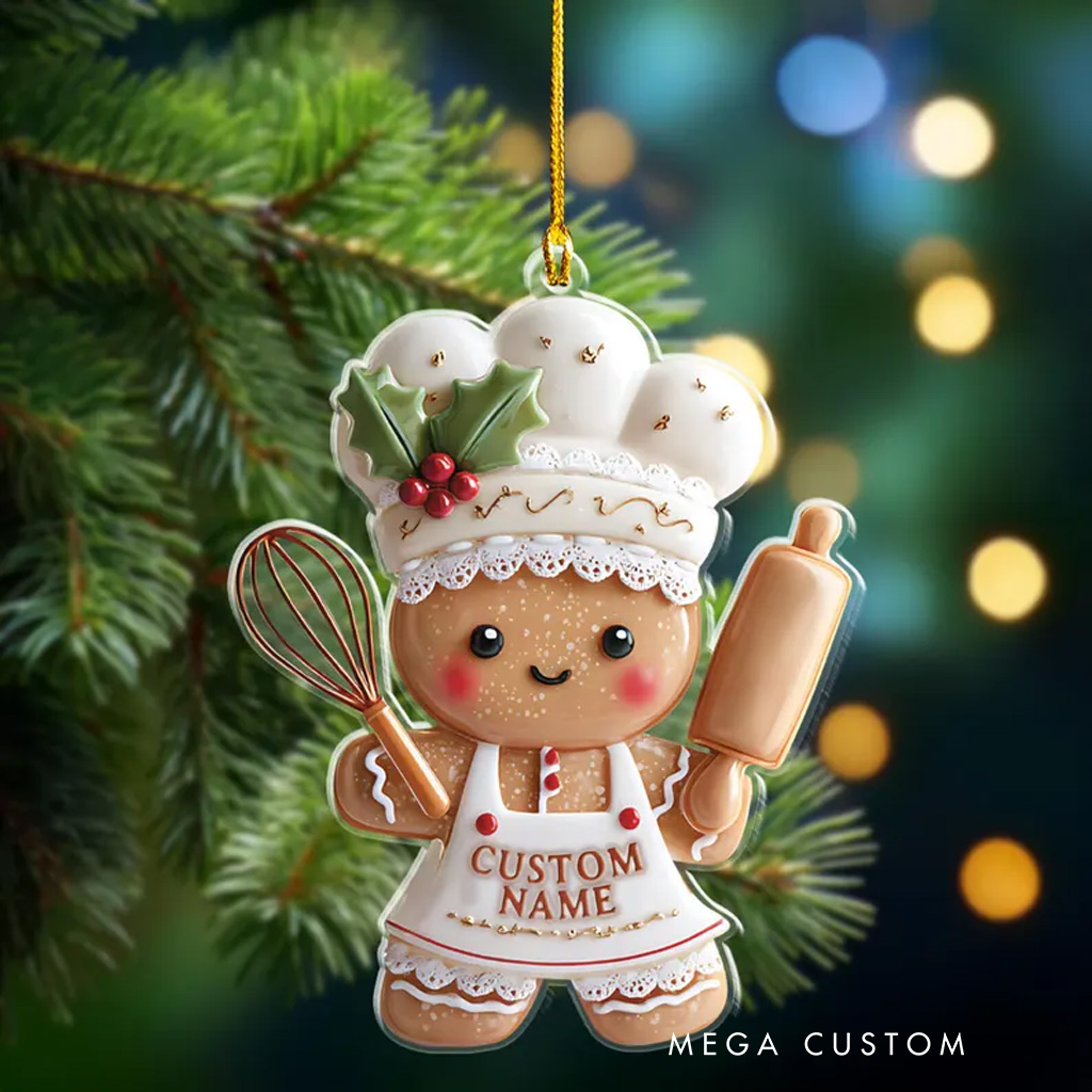 Personalized Gingerbread Chef Acrylic Ornament Gingerbread Baker Decor with Name Custom Christmas Kitchen Decor for Women Female Baker Xmas Gift