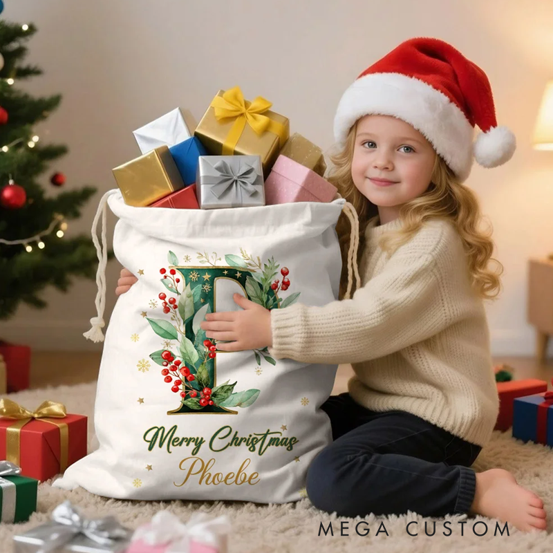 Personalized Holly Initial Canvas Drawstring Gift Bag with Name Christmas Gift for Friends Family