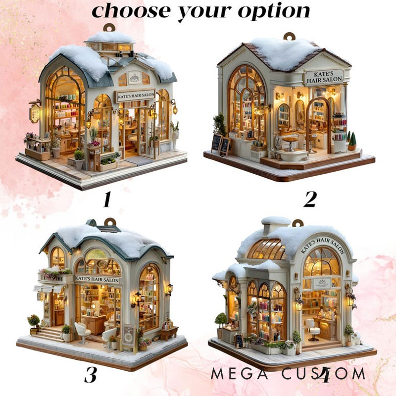 Personalized Hair Salon Stylist Shop with Snowy Roof & Lights Custom Name Year Gift for Her for Him