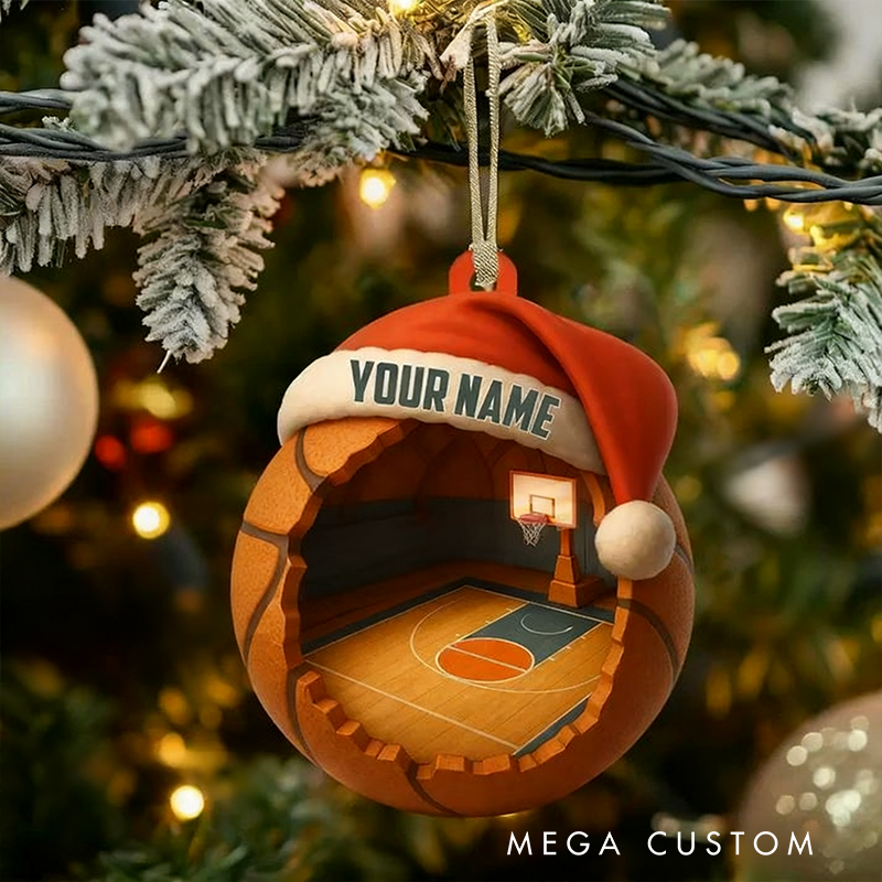 Personalized Basketball Christmas Ornament with Custom Name and Santa Hat Design