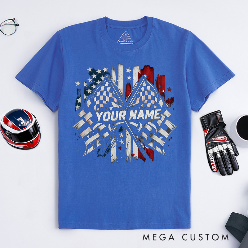 Personalized Racing Flag T-Shirt Custom Name Classic Motorsport Tee with Flag Design for Car Lovers